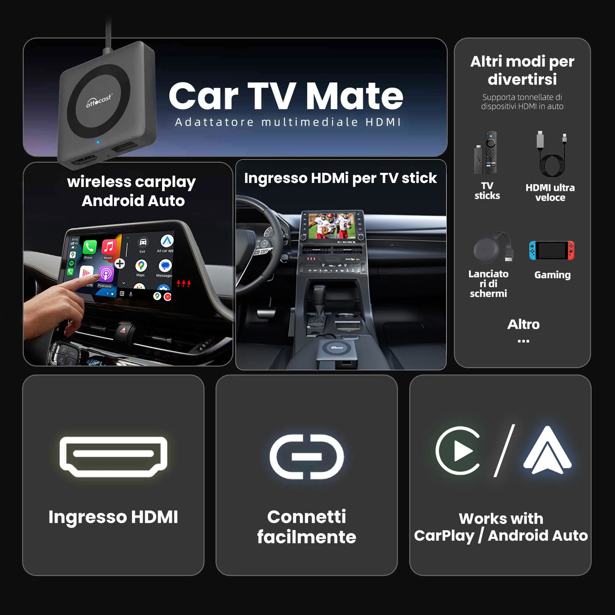 Ottocast® Car TV Mate Pro | Streaming HDMI + Fire TV Stick + Mirroring dello Schermo & Adattatore Wireless CarPlay Android Auto - Image 7