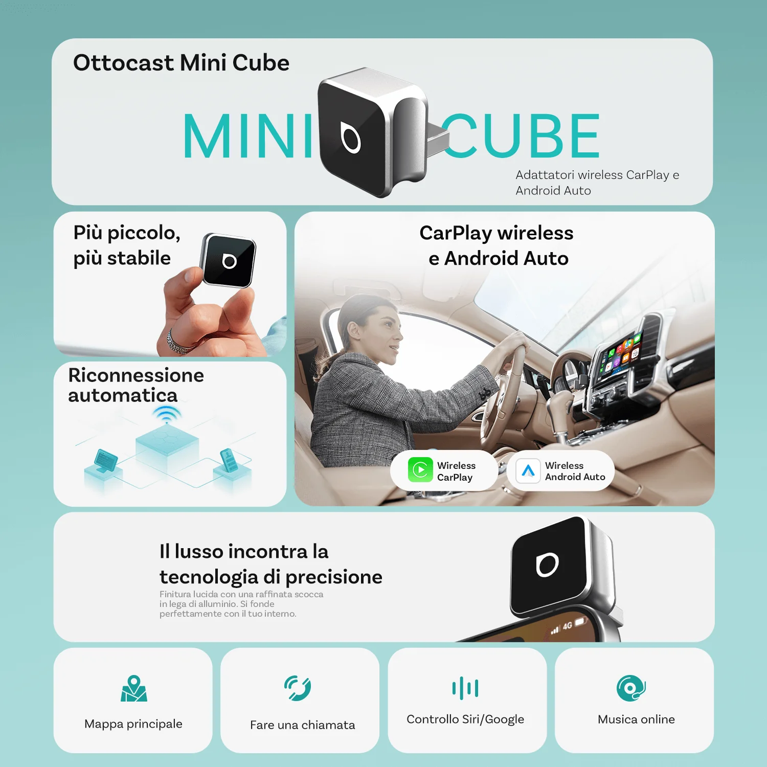 Ottocast® Mini Cube 3.0 Adattatore Wireless per CarPlay e Android Auto - Image 4